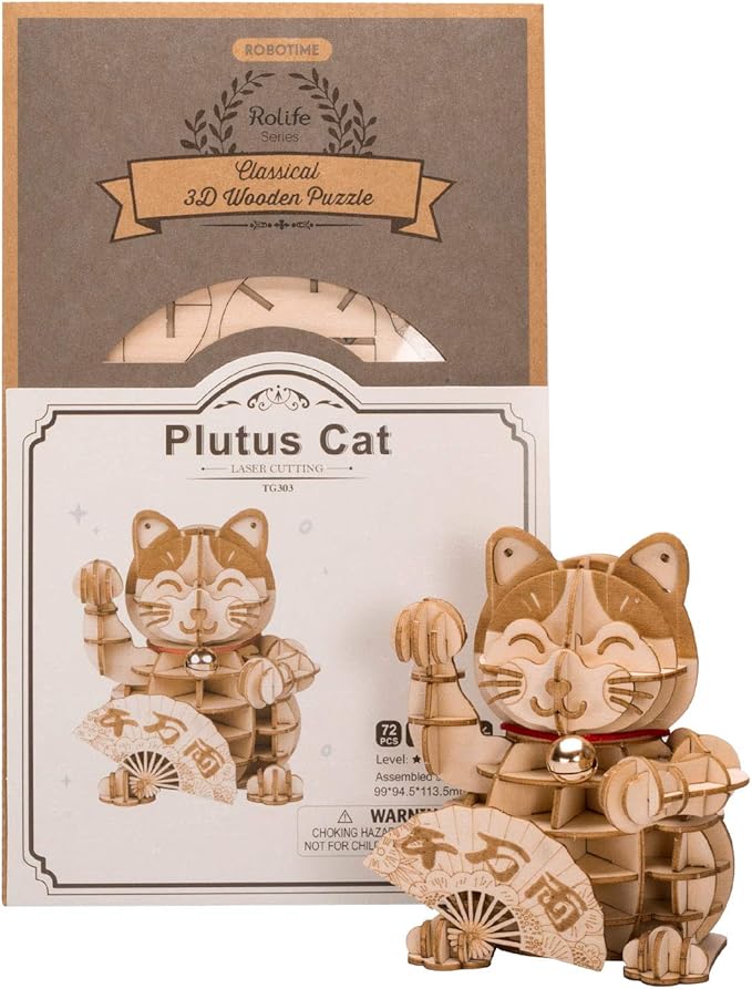 Rolife 3D Wooden Puzzle Lucky Cat -72pcs Japanese Maneki Neko Welcome Display Greeting for Blessing Good Fortune - Building Toys Gift for Kids/Grown-ups(Plutus Cat)