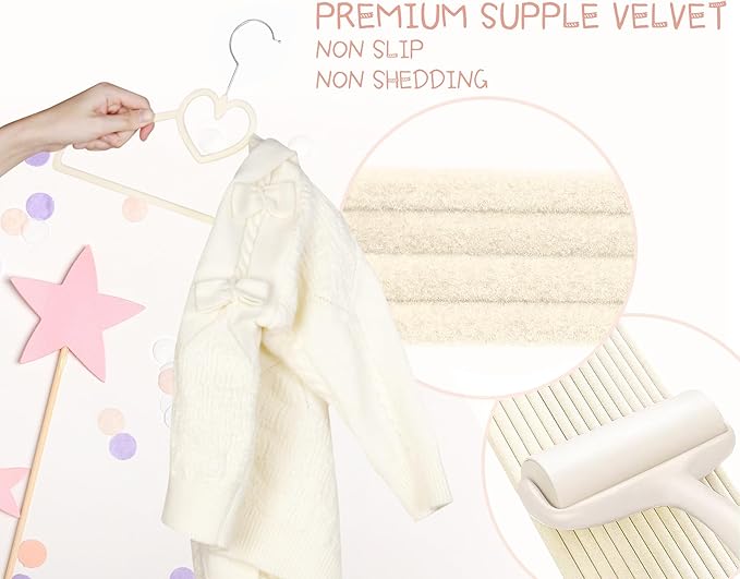 Beige Heart Velvet Baby Hangers - 50pack 13inch Toddler Hangers with 20pcs Clips,Ultra Slim and Stackable Space Saving