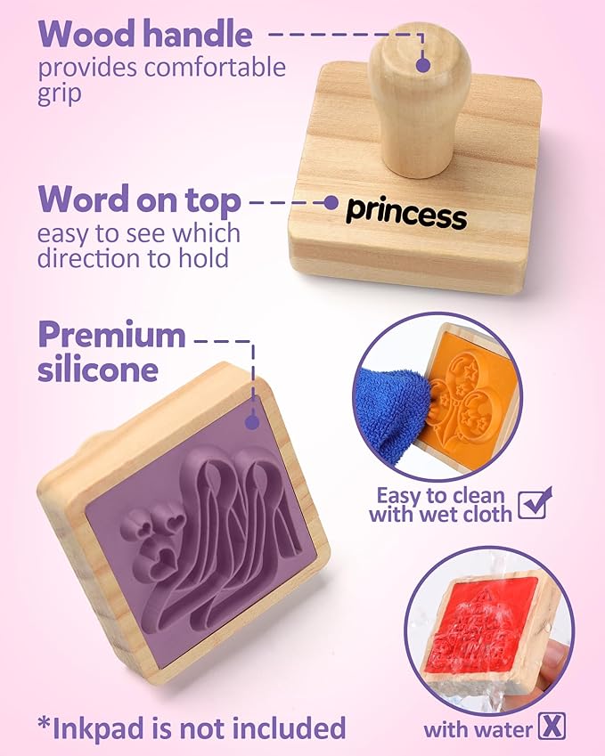 Coogam Wooden Stamp for Girls Friendship, 20pcs Color Shape Unicorn Butterfly Mermaid Stamp Set with Markers, DIY Arts Crafts Printing Stamping Party Favor Toy Gift for 3 4 5 Year Old Kids