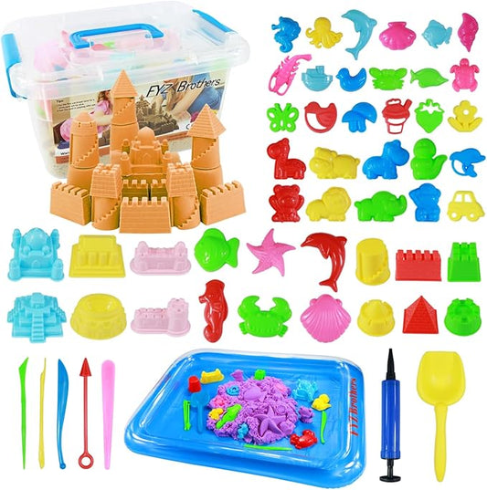 Play Sand Kit, 54Pcs Sandbox Toys Set for Boys Girls, 3lbs Magic Orange Sand, Mold Tools, Inflatable Tray, Storage Box, Funny Birthday Christmas Gift