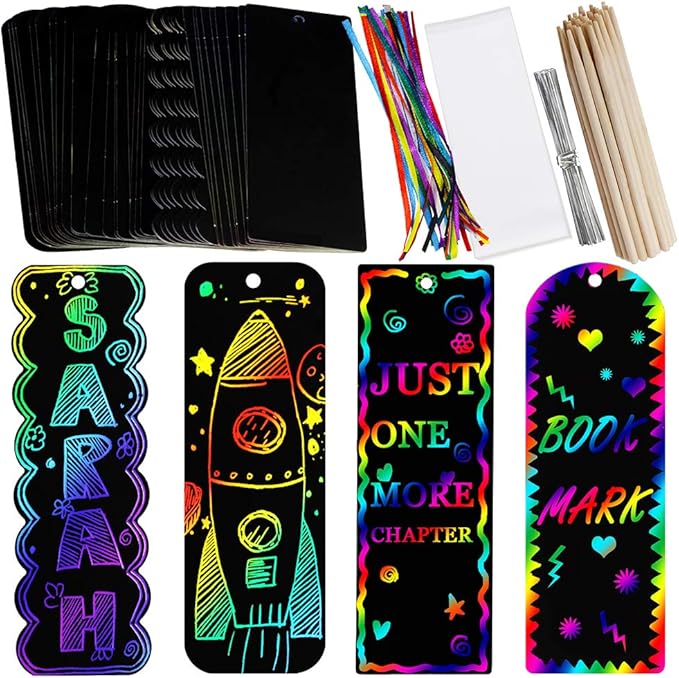 Supla 36 Sets 4 Style Magic Scratch Rainbow Bookmarks Making Kit for Kids Students Party Favor Scratch Paper DIY Bookmarks Bulk with Scratching Tools Satin Ribbons for Classroom Activities