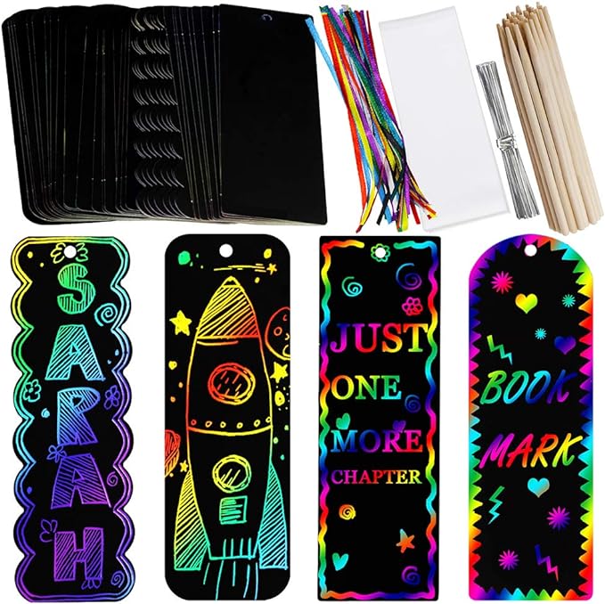 Supla 36 Sets 4 Style Magic Scratch Rainbow Bookmarks Making Kit for Kids Students Party Favor Scratch Paper DIY Bookmarks Bulk with Scratching Tools Satin Ribbons for Classroom Activities