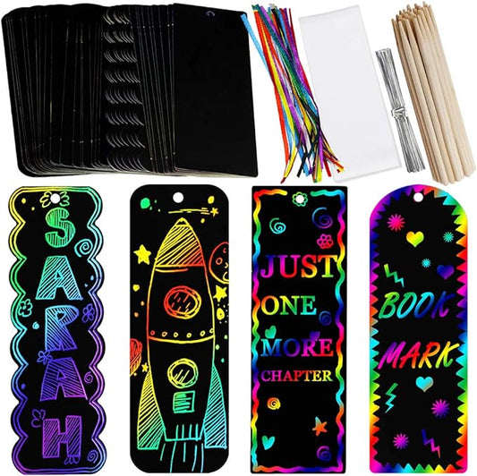 Supla 36 Sets 4 Style Magic Scratch Rainbow Bookmarks Making Kit for Kids Students Party Favor Scratch Paper DIY Bookmarks Bulk with Scratching Tools Satin Ribbons for Classroom Activities