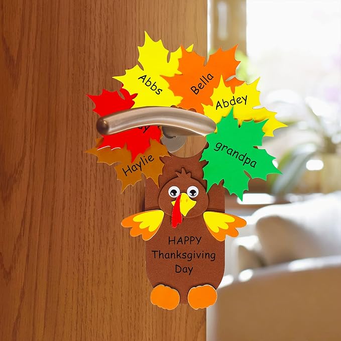 Winlyn 24 Sets Thanksgiving Turkey Doorknob Hanger Decorations Art Sets DIY Thanksgiving Craft Kits Fall Crafts Give Thanks Turkey Foam Stickers Arts and Crafts for Kids Party Classroom Activities