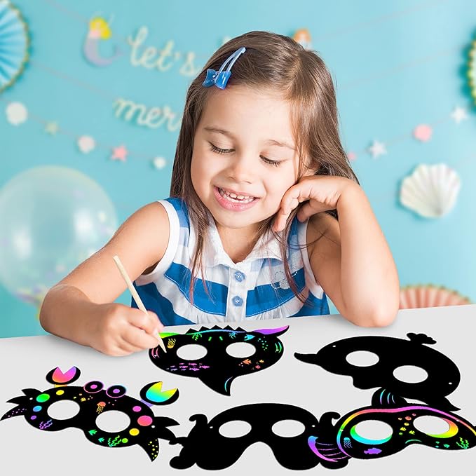 WATINC 30pcs Ocean Animals Scratch Masks for Kids, 6 Styles Summer Paper Scratch Off Art Magic Craft Party Favors Kit, DIY Under The Sea Project for School Classroom Activity Birthday Party