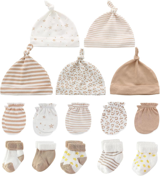 Newborn Baby Boy Girl Caps Mittens Socks Set Cotton Baby Essentials Accessories (Hats+Gloves+Socks)