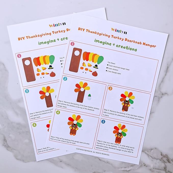 Winlyn 24 Sets Thanksgiving Turkey Doorknob Hanger Decorations Art Sets DIY Thanksgiving Craft Kits Fall Crafts Give Thanks Turkey Foam Stickers Arts and Crafts for Kids Party Classroom Activities