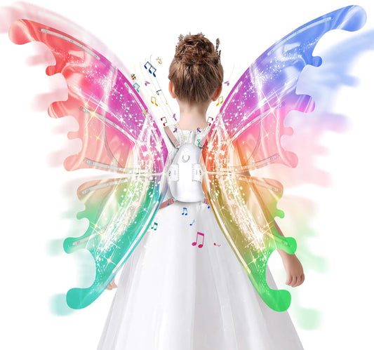 Electric Fairy Wings for Girls, Light Up Moving Butterfly Wings with LED Lights and Music, Toy for Kids as Halloween Valentine Birthday Christmas Party Costume Princess Cosplay Dress Up Gift