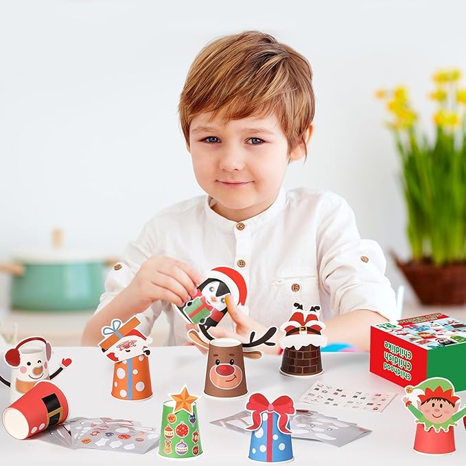 ZOIIWA 16 Pack Christmas Arts and Crafts Create Your Own Christmas Crafts Using Cups Christmas Theme Craft DIY Kit Xmas Holiday Paper Cup Art Kit Xmas Art Supplies