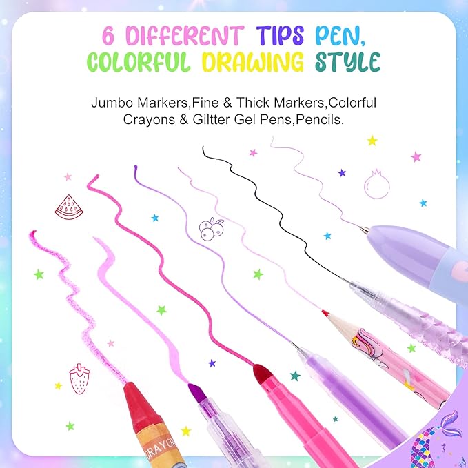 Mermaid Art Craft Kit for Kids, 56 Piece Set with Pencil Case, Markers, Crayons, Gel Pens, Erasers, Stencils, Ruler