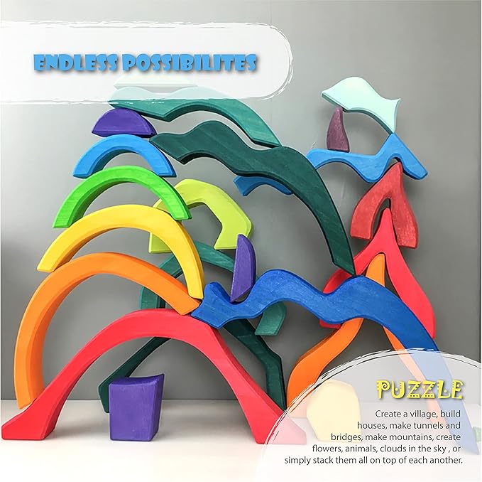 'Four Elements' Rainbow X-Large Rainbow Blocks, Wooden Toys for Kids, Geometric Building Puzzle, Volcano/House Educational Set