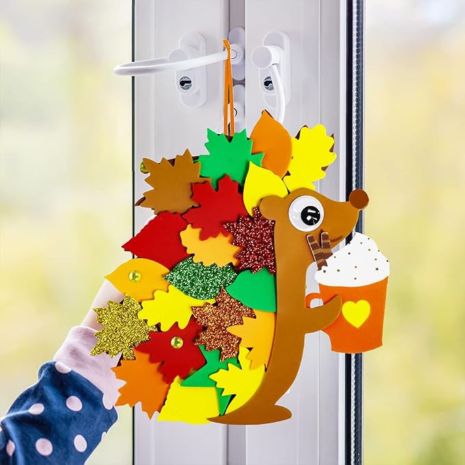 Winlyn 24 Sets Fall Craft Kits Fall Kids Crafts DIY Fall Leafy Hedgehog Ornaments Decorations Art Sets Autumn Leaf Foam Stickers Arts and Crafts Googly Eyes for Kids Thanksgiving Classroom Activities