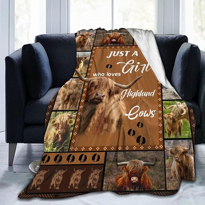 Just A Girl Who Loves Highland Cows Throw Blanket Cute Farm Cow Animal Plush Fleece Soft Cozy Cartoon Highland Cattle Gifts Blanket for Kids Girls Adults Couch Bed Chair Office Dorm Decor 40''X50''