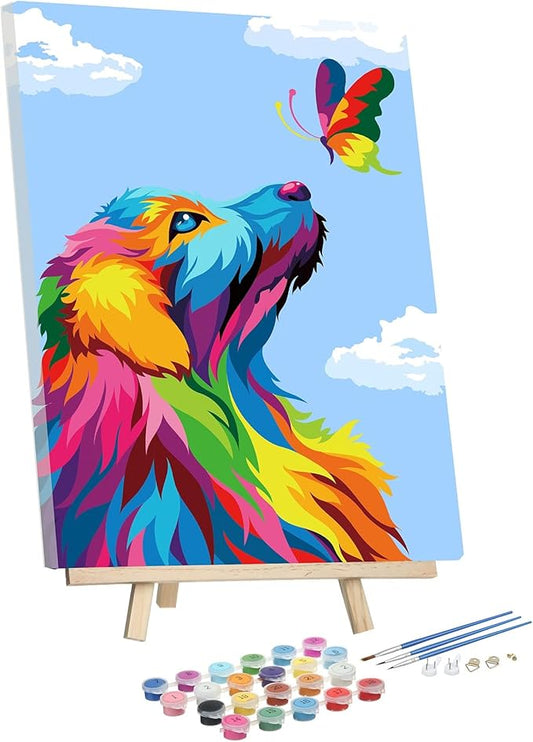 Paint by Numbers,DIY Oil Painting Kit for Kids & Adults Beginner – 12” x 16” Colorful Dog and Butterfly Pattern with Wooden Easel