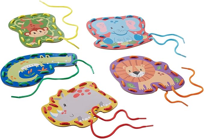 Serabeena Safari Kids Lacing Cards - Colorful Lacing Cards for Kids Ages 3-5 Plus - Lace Up Sewing Cards - Develops Hand-Eye Coordination & Fine Motor Skills - 5 Sewing Animals for Kids with Laces