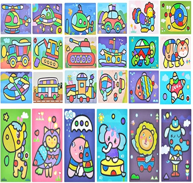 JKanruh 48 Pcs Art Kits,12 Color Sand Art Kits with 24 Sheets Sand Art Painting Cards,12 Sheets Magic Sticker Painting Set for Arts and Crafts,DIY Painting,Drawing