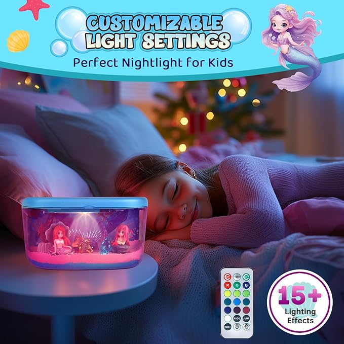 Mermaid Terrarium Kit Gifts for Kids - DIY Night Light Up with Remote - Sand Arts and Crafts for Girls Ages 4 5 6 7 8-12 + Year Old Fun Easter Mermaid Birthday Decorations Toys