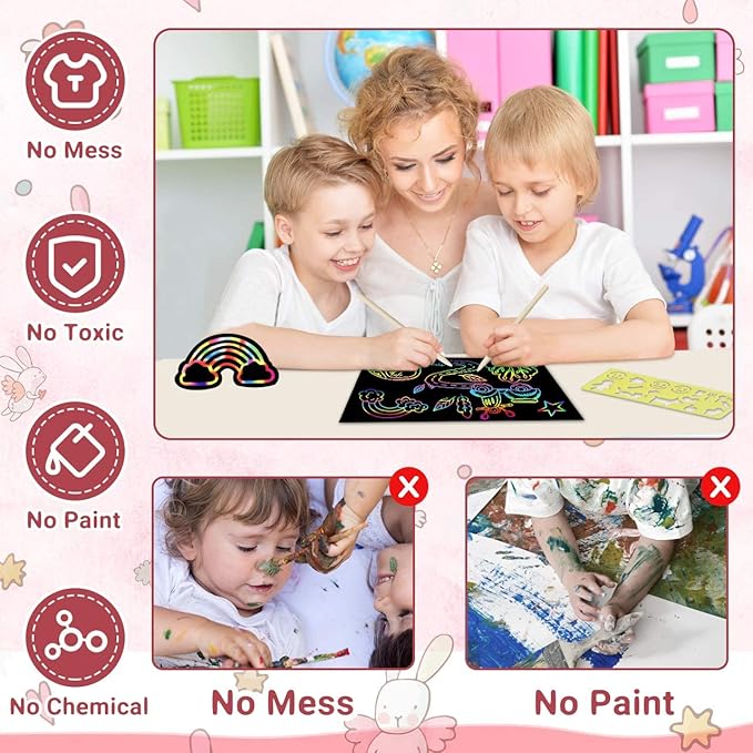 ZMLM Scratch Rainbow Art Paper Set - 50Pcs Magic Scratch Off Art Craft Supplies Kits for Kids Girls Boys Black Scratch Notes Sheet Doodle Pad for Fun DIY Toy Party Favors Christmas Birthday Gift