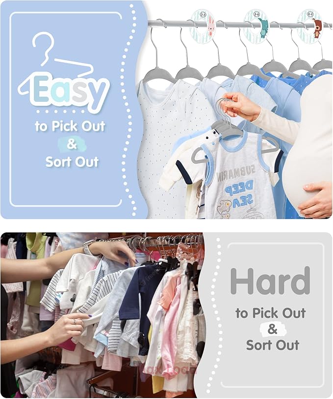 Baby Hangers, VIS'V 11 Inch Gray Velvet Kids Hangers with 6 Pcs Size Dividers Non Slip Nursery Children Closet Clothes Hangers for Infant Toddler Girls and Boys 50 Pcs
