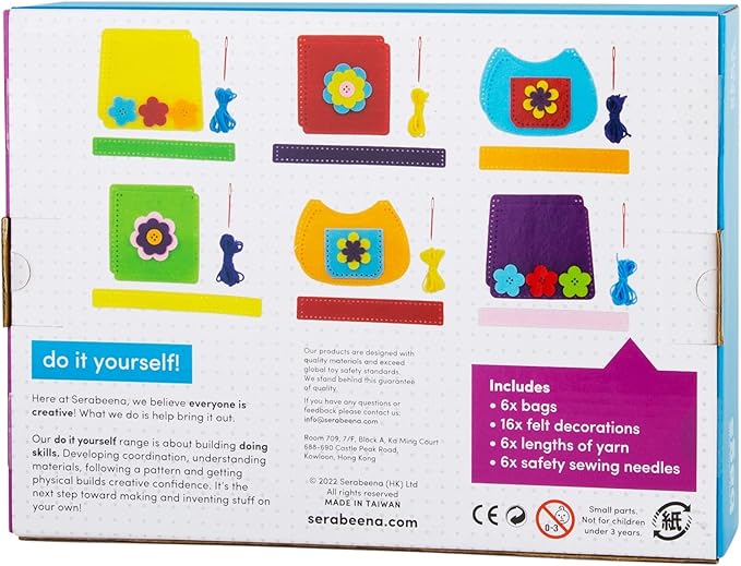 Serabeena Sew Your Own Bags - Sewing Kit for Kids - Felt Crafts for Kids - Girls Sewing Kit Ages 6-8 Plus - Felt Kit - Helps Develop Fine Motor Skills - DIY Kits for Kids with 6 Bags & Accessories