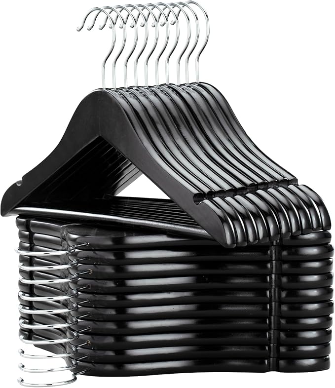 FairyHaus Kids Wooden Hangers 20Pack Black, 12.8 Inch Baby Wooden Hangers for Closet, Anti-Rust 360° Swivel Hook, Notches & Smooth Finish, Natural Solid Wood Childrens Hangers for Clothes