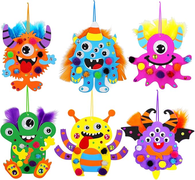 Winlyn 24 Sets Halloween Craft Kits Fall Kids Crafts DIY Monster Ornaments Decorations Art Sets Foam Halloween Monster Stickers Googly Eyes for Kids Autumn Halloween Classroom Party Activities