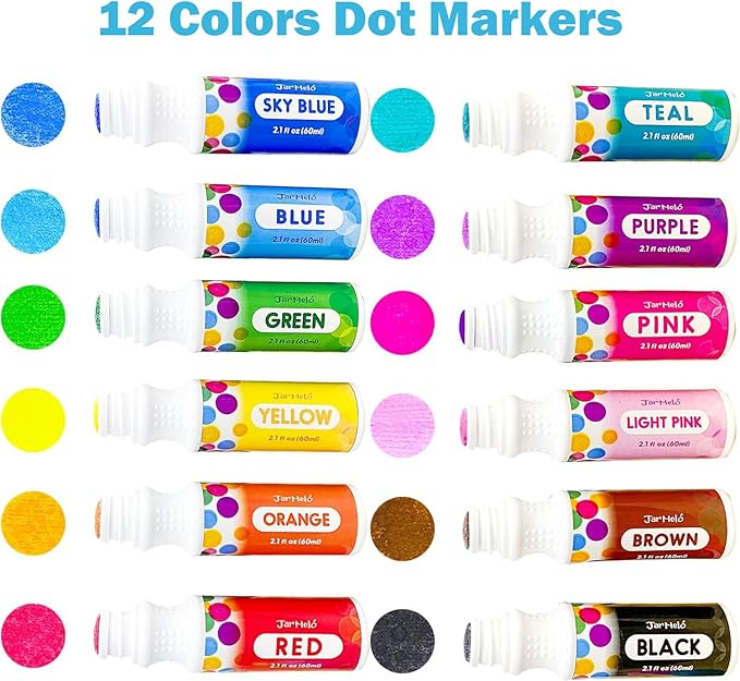 Jar Melo Washable Dot Markers for Toddlers 1-3, 12 Colors Dot Paints with 108 PDF & 20 Physical Activity Papers, Non-Toxic Bingo Daubers for Toddlers 2-4, Kids Arts and Crafts Supplies