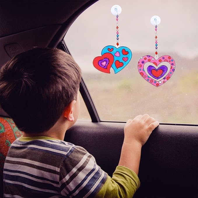 Winlyn 27 Sets Heart Suncatchers Ornaments Decoration DIY Window Paint Art Stickers Craft Kit Heart Sun Catchers for Kids Mother's Day Gift Valentine's Day Classroom Art Project Party Favors