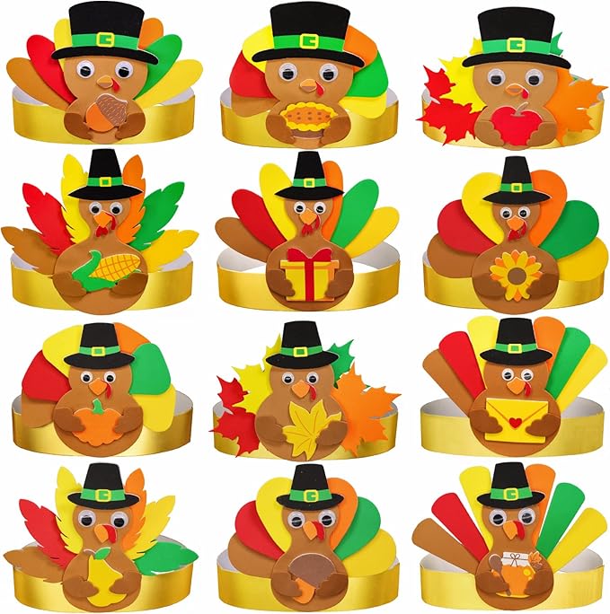 Winlyn 24 Sets Thanksgiving Turkey Headbands Fall Thanksgiving Craft Kits DIY Turkey Hats with Fall Leaf Pumpkin Turkey Feather Foam Stickers Googly Eyes Art Sets for Kids Party Classroom Activities