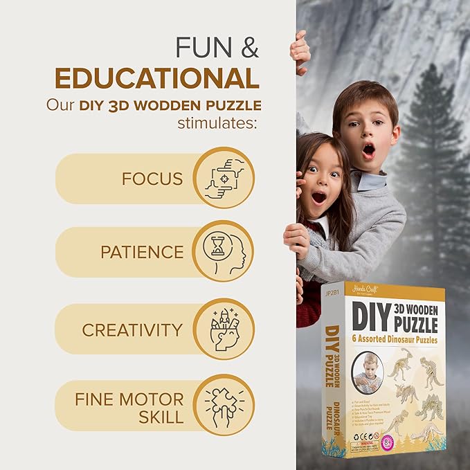 Hands Craft DIY 3D Wooden Puzzle – 6 Assorted Dinosaur Bundle Pack Set Brain Teaser Puzzles Educational STEM Toy Adults and Kids to Build Safe and Non-Toxic Easy Punch Out Premium Wood JP2B1