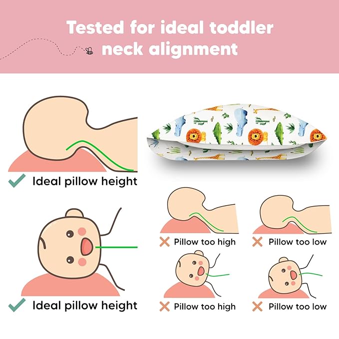 Toddler Pillow with Pillowcase - 13x18 My Little Dreamy Pillow, Organic Cotton Toddler Pillows for Sleeping, Kids Pillow, Travel Pillows, Mini Pillow, Nursery Pillow, Toddler Bed Pillow (Zoo)