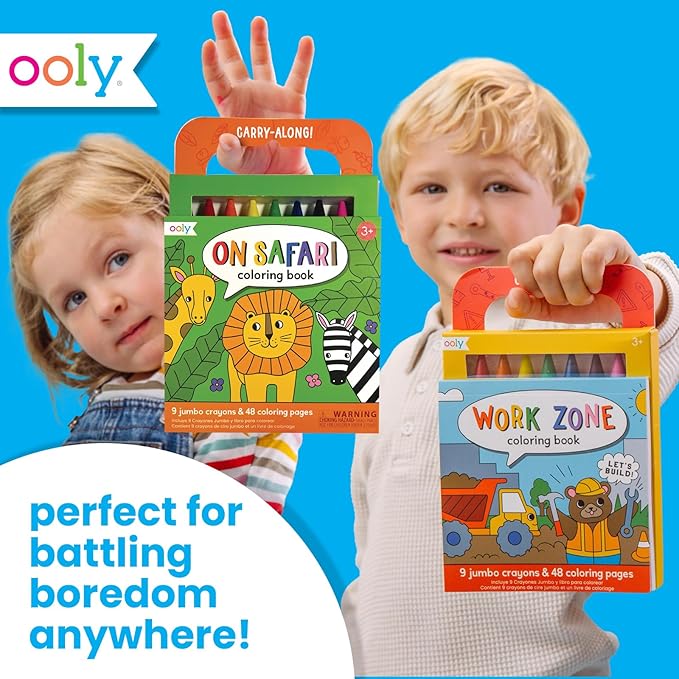 Ooly Travel Art Kit with 9 Jumbo Crayons & 48 Themed Coloring Pages & Case for Easy Traveling Art Creation, Perfect Airplane Travel Set to Entertain Kids - Safari