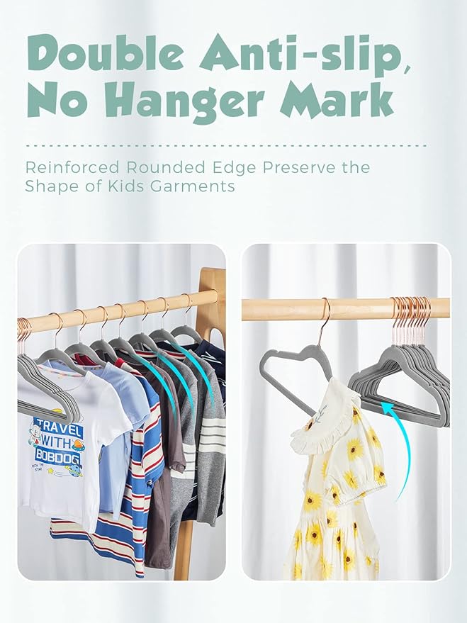 Smartor Kids Velvet Hangers 50 Pack, 14'' Inch Premium Non Slip Kids Felt Hangers for Closet, Space Saving Toddler Clothes Hanger for Youth's Childrens' Clothes (Rose Gold Hook)- Grey