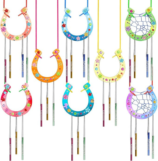 Fennoral 16 Pack Wind Chime Kit for Kids Make Your Own Horseshoe Wind Chime Wooden Arts and Crafts for Girls Boys Ornaments DIY Coloring Horseshoes Craft for Art Activity Birthday Supplies