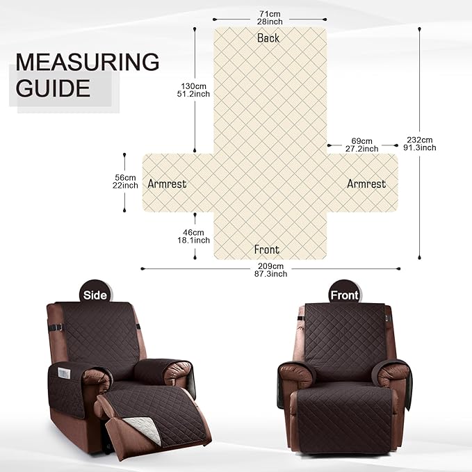 KinCam 100% Waterproof Recliner Chair Cover, Reclining Couch Covers for Pets, Dogs, Recliner Couch Slipcover Furniture Protector with Elastic Straps for Kids(28", Chocolate)