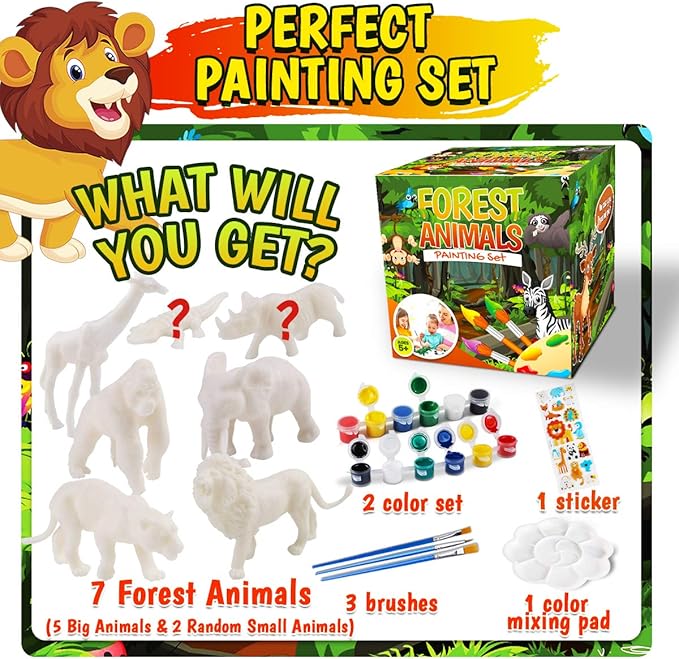 FUNZBO Safari Animals Figures Paint Set for Kids, Arts and Crafts Supplies Painting Kit for Kids Ages 4-8, Zoo Jungle Animals Figurines Toy & Playsets for Toddlers 1-3 Boys Girls Easter Birthday Gift