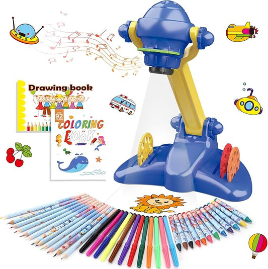 Hoarosall Drawing Projector for Kids, Art and Craft Kit, Toys for Boys Aged 3+, Drawing Supplies, Including Colored Pencils, Crayons, Coloring Books, Gift for 3+ Year Old Boys (Dark Blue)