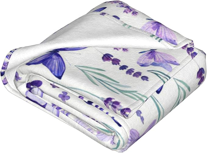 Purple Lavender Floral Flowers Butterfly Throw Blanket Gifts for Girls Boys Men Women Ultra Soft Warm All Season Decorative Fleece Blankets for Bed Chair Car Sofa Couch Bedroom 50"X60"
