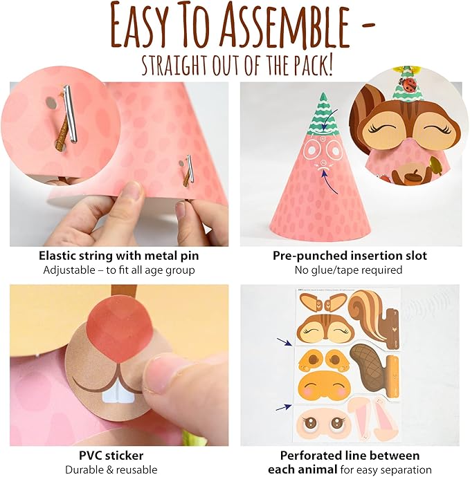 Woodland Themed Christmas Party Hats Making Kit c/w Chenille Stems & Stickers. Group Activities, DIY Art Craft Home Project. Birthday, Easter & Fiesta Decoration for Kid