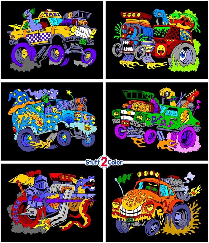 Stuff2Color Monster Cars and Trucks Fuzzy Poster Coloring Poster 6-Pack (Coloring Fun for Boys and Toddlers) - Great for Quiet Time, Coloring with Friends, or as a TV-Off Activity