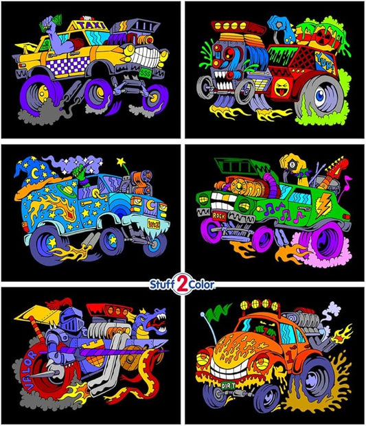 Stuff2Color Monster Cars and Trucks Fuzzy Poster Coloring Poster 6-Pack (Coloring Fun for Boys and Toddlers) - Great for Quiet Time, Coloring with Friends, or as a TV-Off Activity