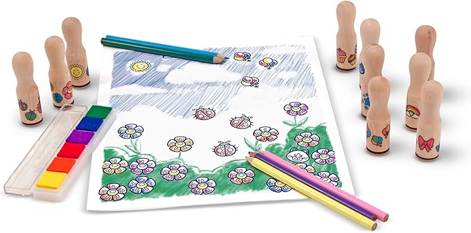 Melissa & Doug Deluxe Happy Handle Stamp Set With 10 Stamps, 5 Colored Pencils, and 6-Color Washable Ink Pad