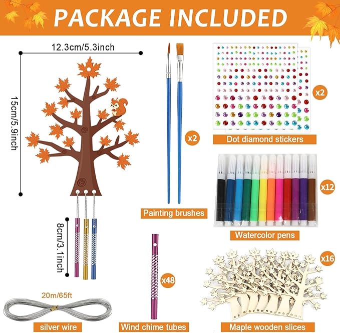 gisgfim 16 Pack Thanksgiving Fall Wind Chime Crafts Kits for Kids Make Your Own Maple Tree Wind Chime Wooden DIY Arts and Crafts for Autumn Party School Classroom Decorations Supplies Birthday Favors