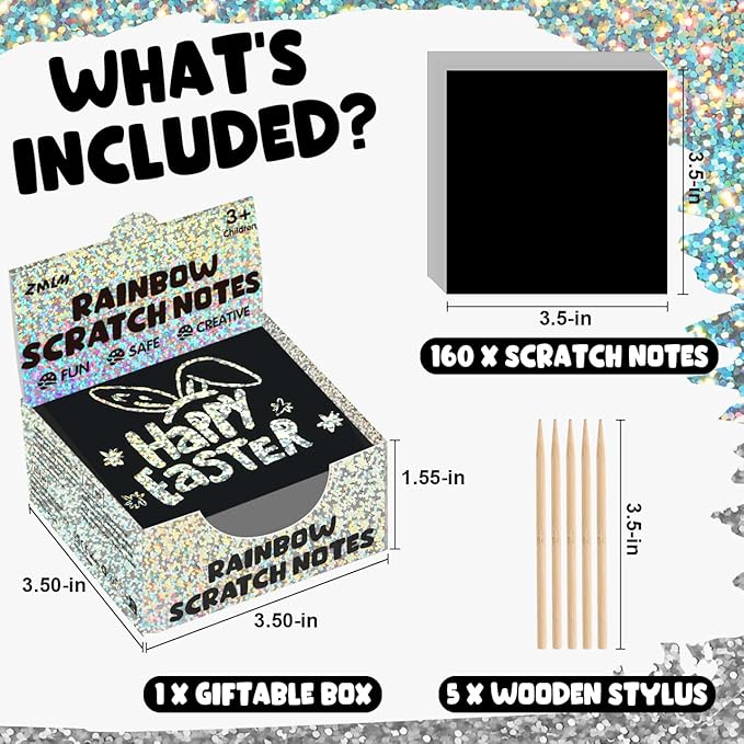 ZMLM Rainbow Scratch Paper Art Mini Notes Easter Basket Stuffers for Kids Teens Gifts Ages 4-8 Bulk Craft Supplies for Girls Boys Birthday Classroom Party Games Toy Stocking Stuffers(Silver)