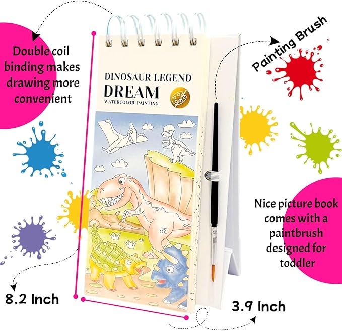 Riomhorry Water Coloring Books for Toddlers, Water Painting Easel Books with Brush for Kids Ages 2-4, 4-8, Watercolor Book to Toddler Painting Activities, Dinosaur Legend