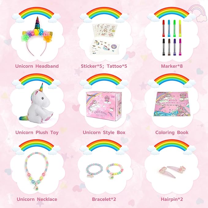 PERRYHOME Unicorn Toys for Girls Unicorn Gift Set with Unicorn Stuffed Animal, Unicorn Coloring Book, Unicorn Necklace & Bracelet, Unicorn Themed Girl Gift Toy Birthday Gift Nude Pink