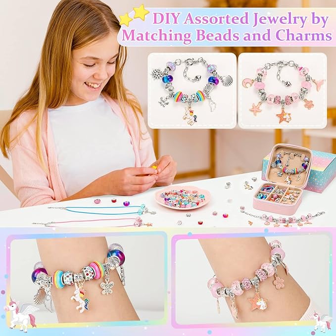 LifeisLuck Charm Bracelet Making Kit - Girls 110 Pcs DIY Charm Jewelry Beads Making Kit, Mermaid Birthday Gifts for Girls Toys Crafts for Little Girls Ages 8-12, with K Initial Travel Jewelry Case