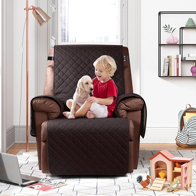 KinCam 100% Waterproof Recliner Chair Cover, Reclining Couch Covers for Pets, Dogs, Recliner Couch Slipcover Furniture Protector with Elastic Straps for Kids(23.6", Chocolate)