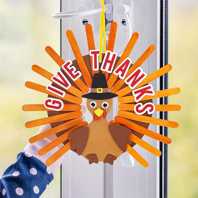 Winlyn 24 Sets Thanksgiving Craft Kits Fall Crafts DIY Give Thanks Thanksful Turkey Ornaments Decorations Art Sets Wood Craft Sticks Turkey Foam Stickers Googly Eyes for Kids Classroom Activities