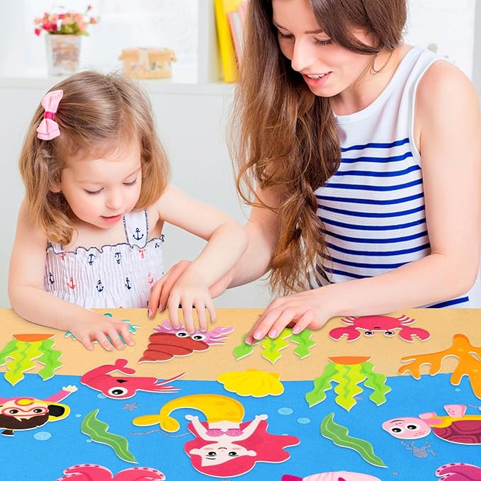 WATINC 45Pcs Pink Under The Sea Teaching Felt Board Story Set 3.5 Ft Ocean Creatures Aquarium Storytelling Flannel Interactive Play Kit with Mermaid Diver Shark Reusable Wall Hanging Gift for Toddlers